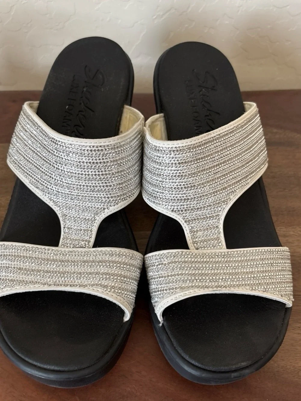 Skechers Women's Silver Rhinestone Slide Wedge Sandals. 10